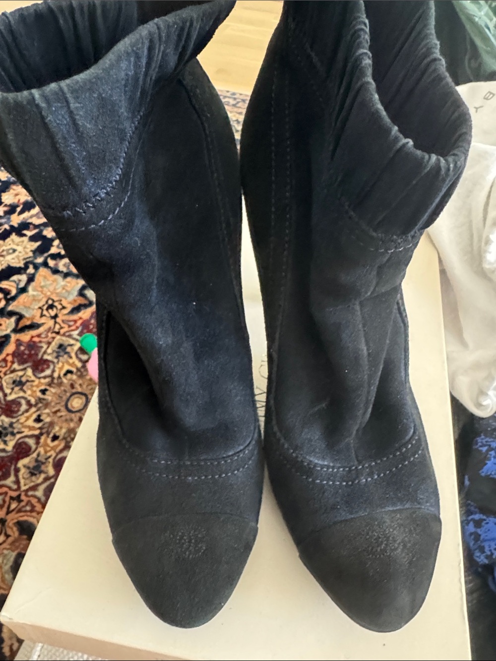 CHANEL Black Suede Mid-Calf Heeled Boots
